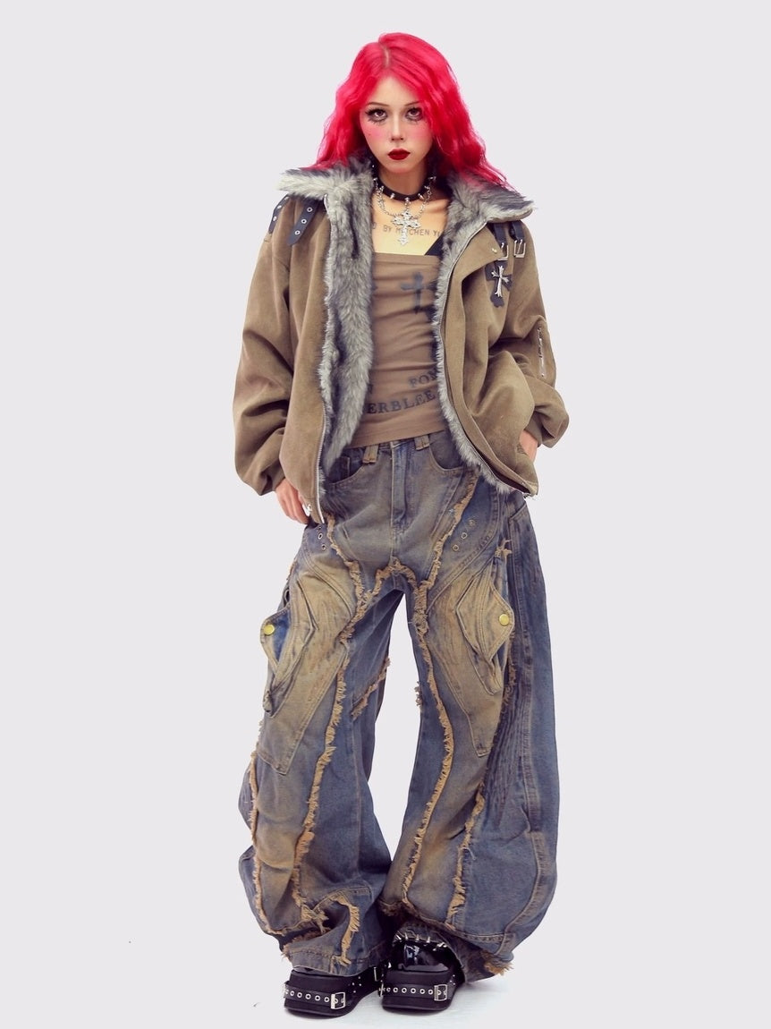 NANAICHILLI Thick Cotton Lined Pocketed Street Oversized Unisex Zip Polyester Puffer Jacket