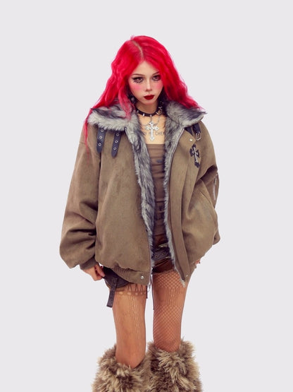 NANAICHILLI Thick Cotton Lined Pocketed Street Oversized Unisex Zip Polyester Puffer Jacket