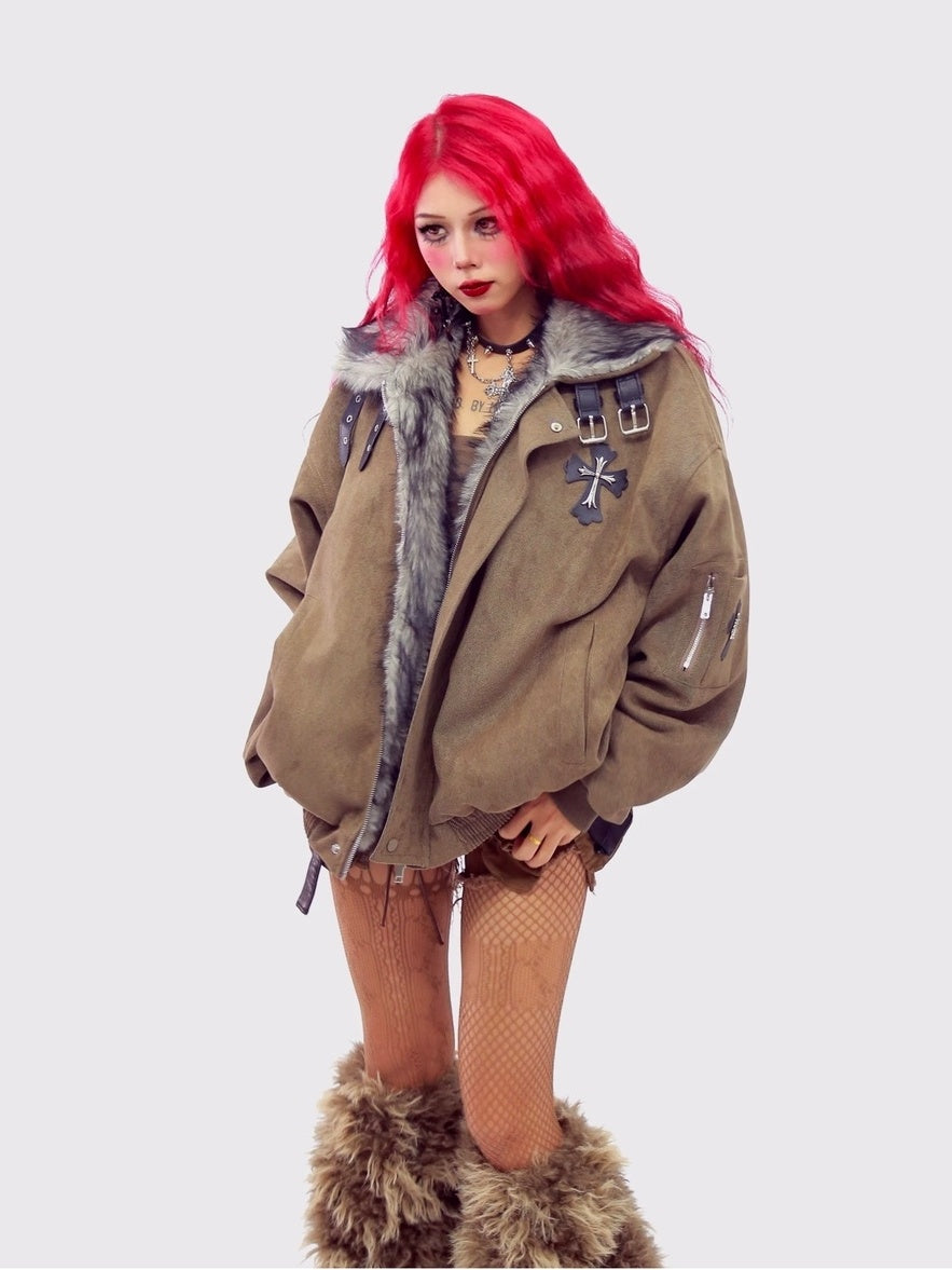 NANAICHILLI Thick Cotton Lined Pocketed Street Oversized Unisex Zip Polyester Puffer Jacket