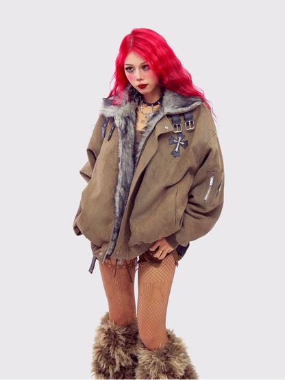 NANAICHILLI Thick Cotton Lined Pocketed Street Oversized Unisex Zip Polyester Puffer Jacket