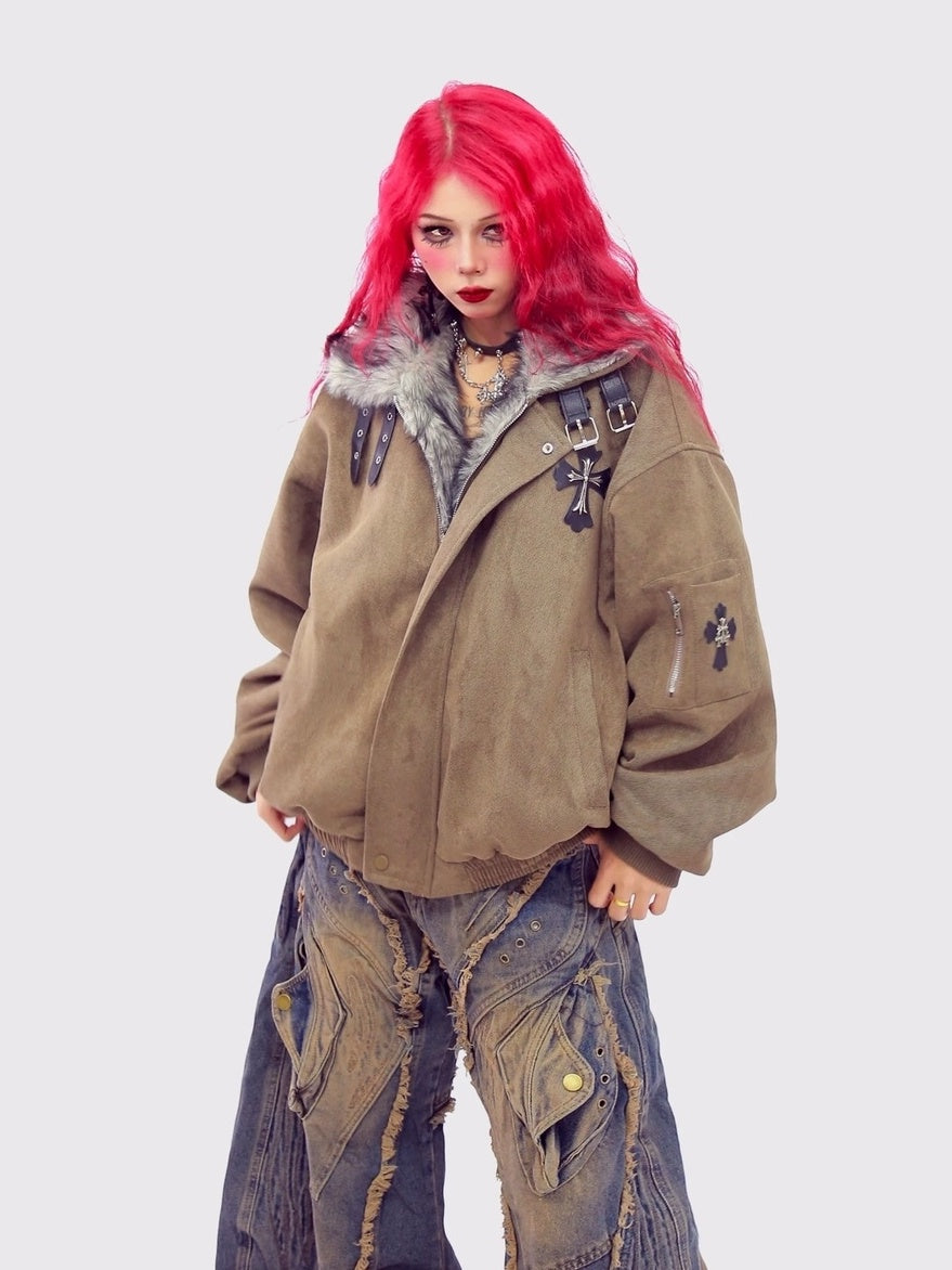 NANAICHILLI Thick Cotton Lined Pocketed Street Oversized Unisex Zip Polyester Puffer Jacket