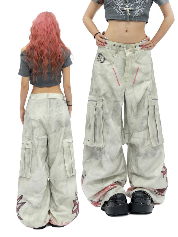 Tie Dye Graffiti Distressed Multi Pocket Cargo Women's Cotton Wide-leg Pants
