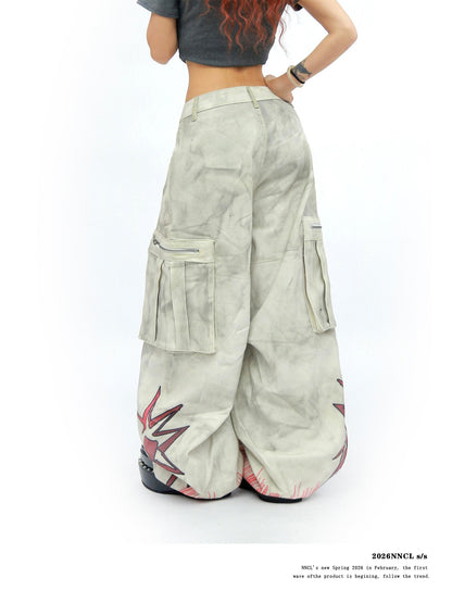 NANAICHILLI Tie Dye Graffiti Distressed Multi Pocket Cargo Women&