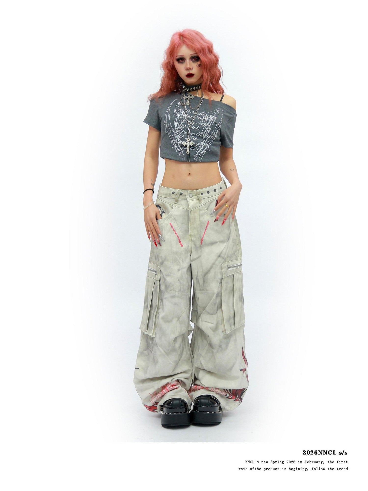NANAICHILLI Tie Dye Graffiti Distressed Multi Pocket Cargo Women&