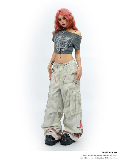 NANAICHILLI Tie Dye Graffiti Distressed Multi Pocket Cargo Women&