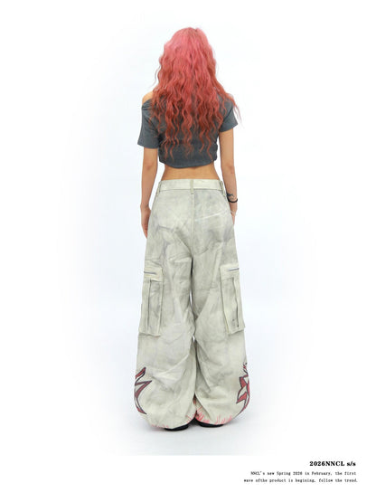 NANAICHILLI Tie Dye Graffiti Distressed Multi Pocket Cargo Women&