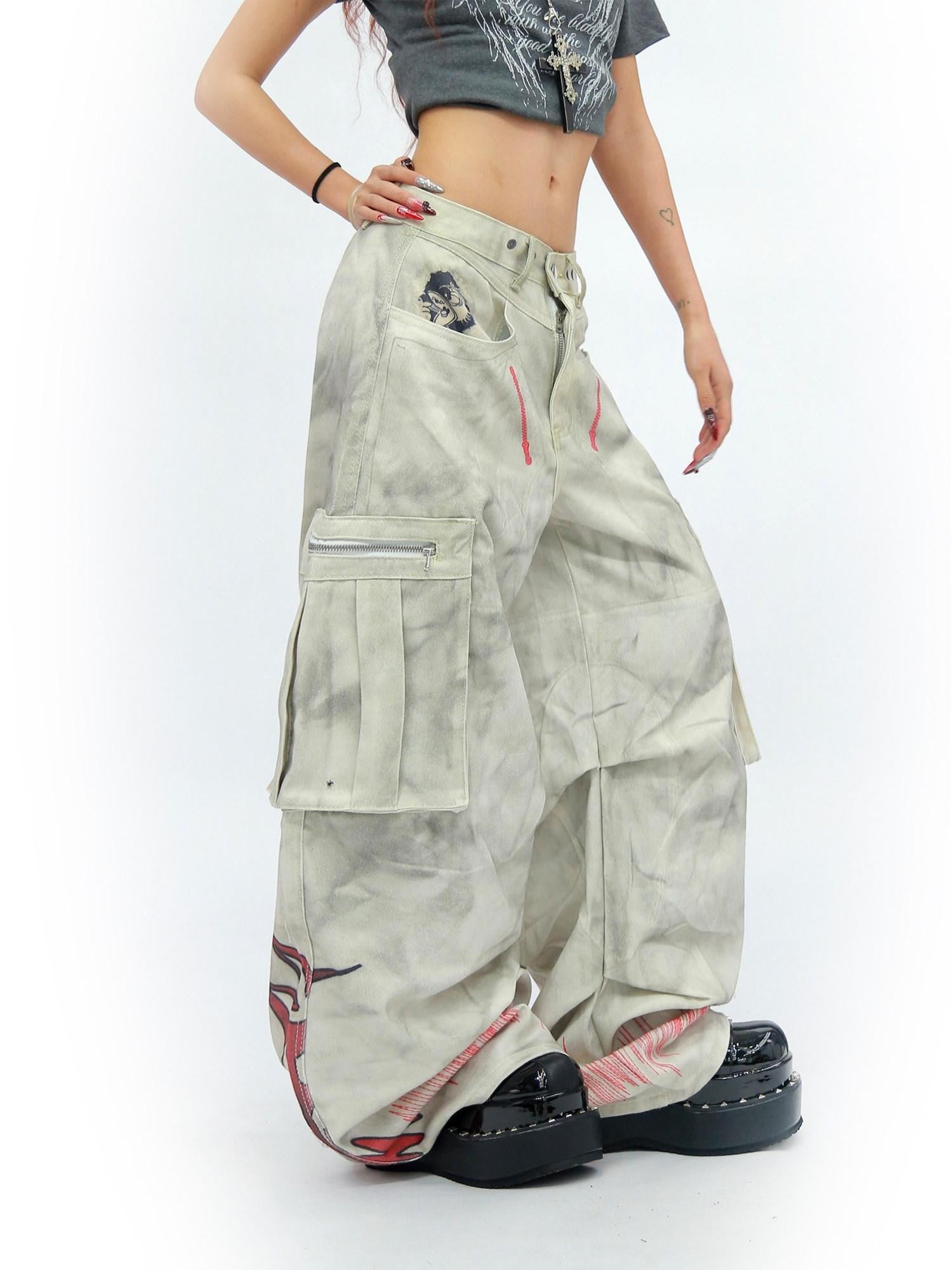 NANAICHILLI Tie Dye Graffiti Distressed Multi Pocket Cargo Women&