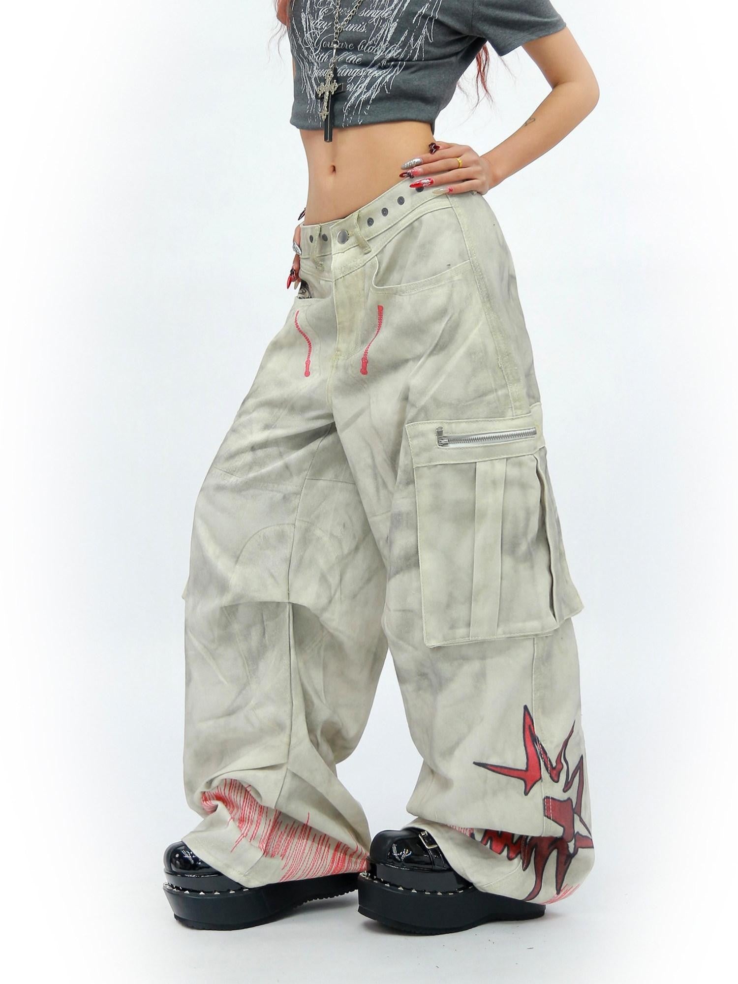 NANAICHILLI Tie Dye Graffiti Distressed Multi Pocket Cargo Women&