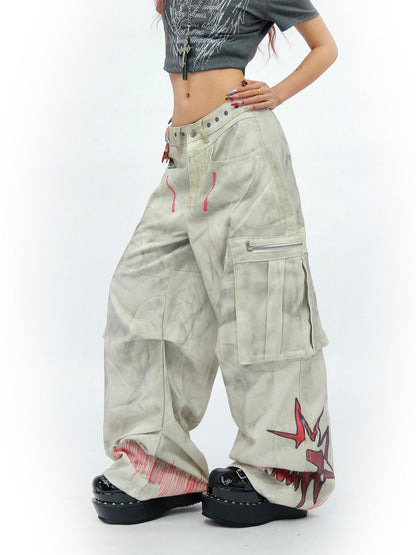 NANAICHILLI Tie Dye Graffiti Distressed Multi Pocket Cargo Women&