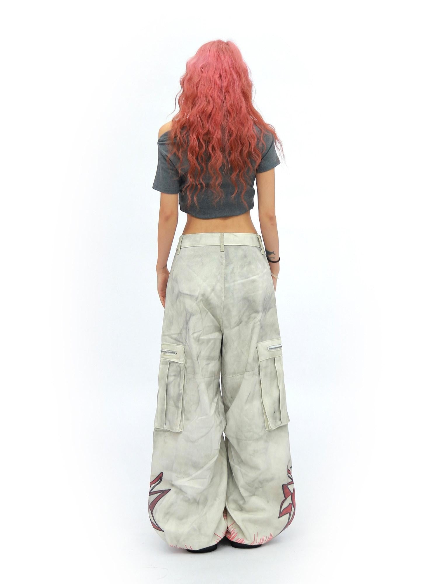 NANAICHILLI Tie Dye Graffiti Distressed Multi Pocket Cargo Women&