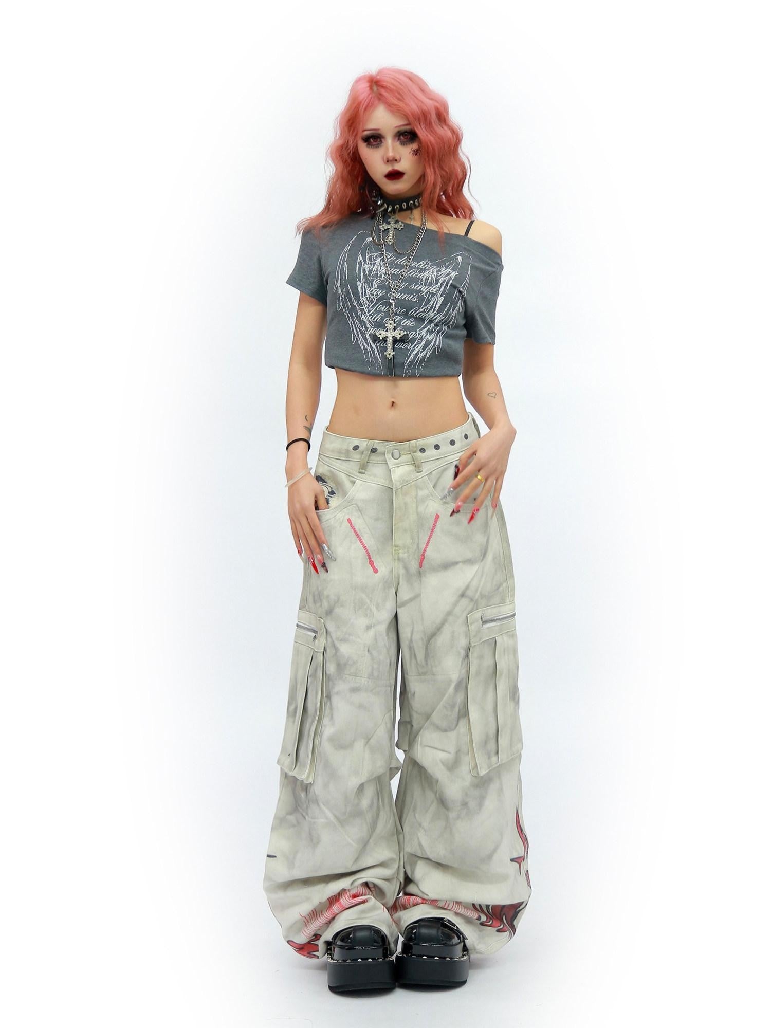 NANAICHILLI Tie Dye Graffiti Distressed Multi Pocket Cargo Women&