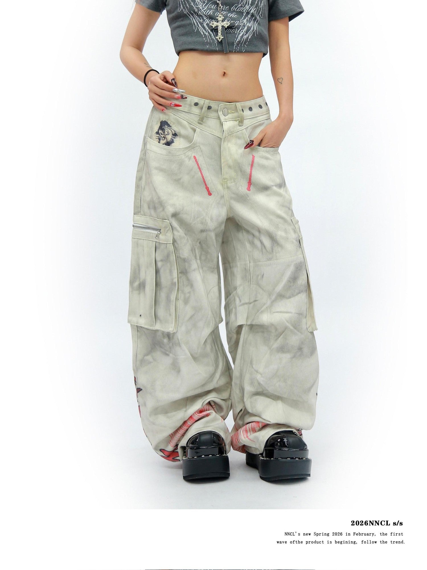 NANAICHILLI Tie Dye Graffiti Distressed Multi Pocket Cargo Women&
