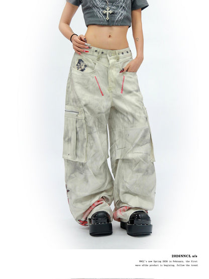 NANAICHILLI Tie Dye Graffiti Distressed Multi Pocket Cargo Women&