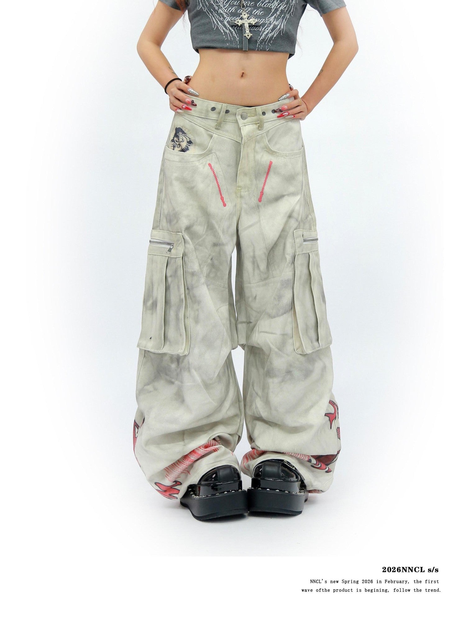 NANAICHILLI Tie Dye Graffiti Distressed Multi Pocket Cargo Women&