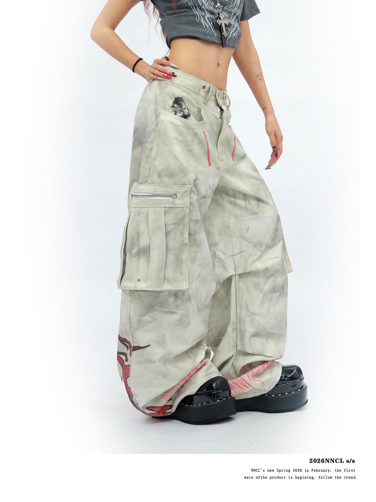 NANAICHILLI Tie Dye Graffiti Distressed Multi Pocket Cargo Women&