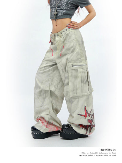 NANAICHILLI Tie Dye Graffiti Distressed Multi Pocket Cargo Women&