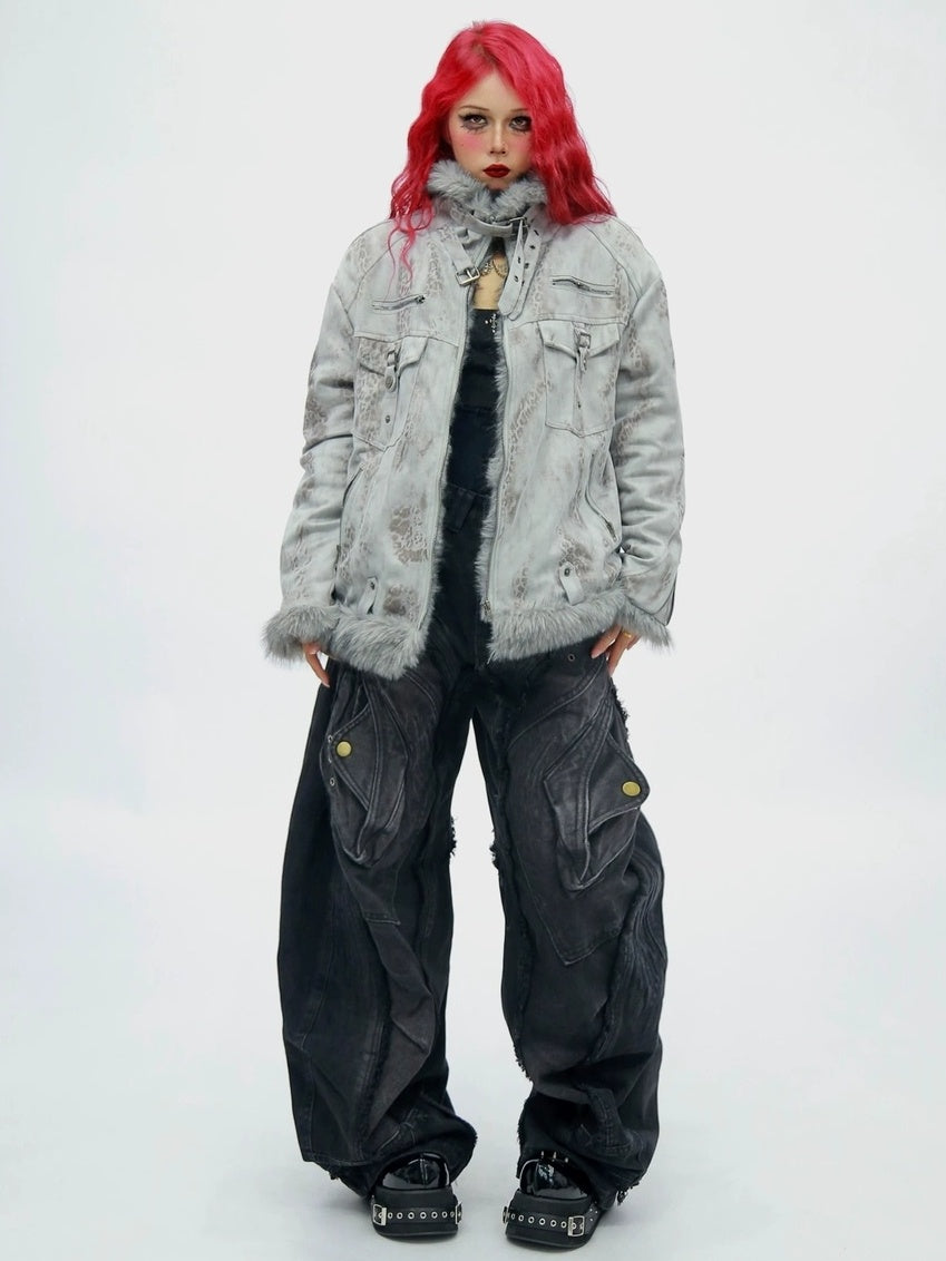 NANAICHILLI Tie Dye Patchwork Loose Fit Street Unisex Cotton Stand Collar Puffer Jacket