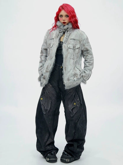 NANAICHILLI Tie Dye Patchwork Loose Fit Street Unisex Cotton Stand Collar Puffer Jacket