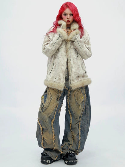 NANAICHILLI Tie Dye Patchwork Loose Fit Street Unisex Cotton Stand Collar Puffer Jacket