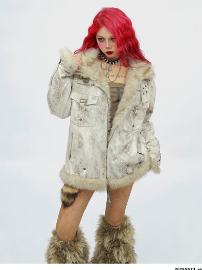 NANAICHILLI Tie Dye Patchwork Loose Fit Street Unisex Cotton Stand Collar Puffer Jacket