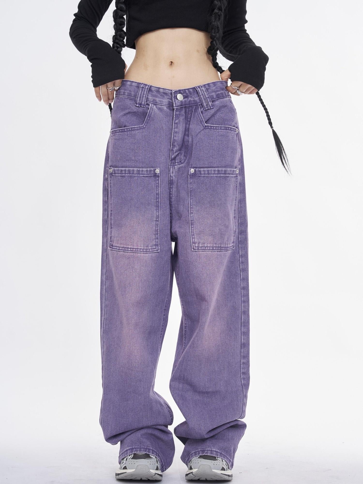 NANAICHILLI Trendy Washed Purple Low Rise Straight Leg Youth Denim Zipper Fly Jeans