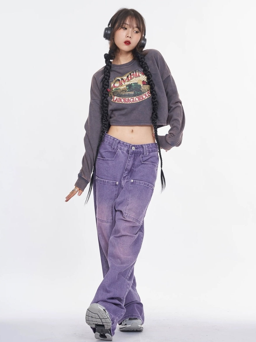 NANAICHILLI Trendy Washed Purple Low Rise Straight Leg Youth Denim Zipper Fly Jeans