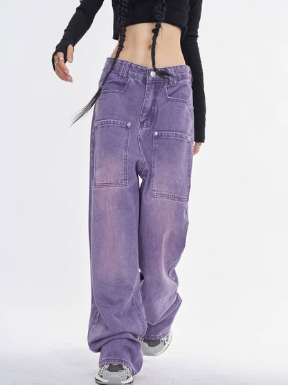 NANAICHILLI Trendy Washed Purple Low Rise Straight Leg Youth Denim Zipper Fly Jeans