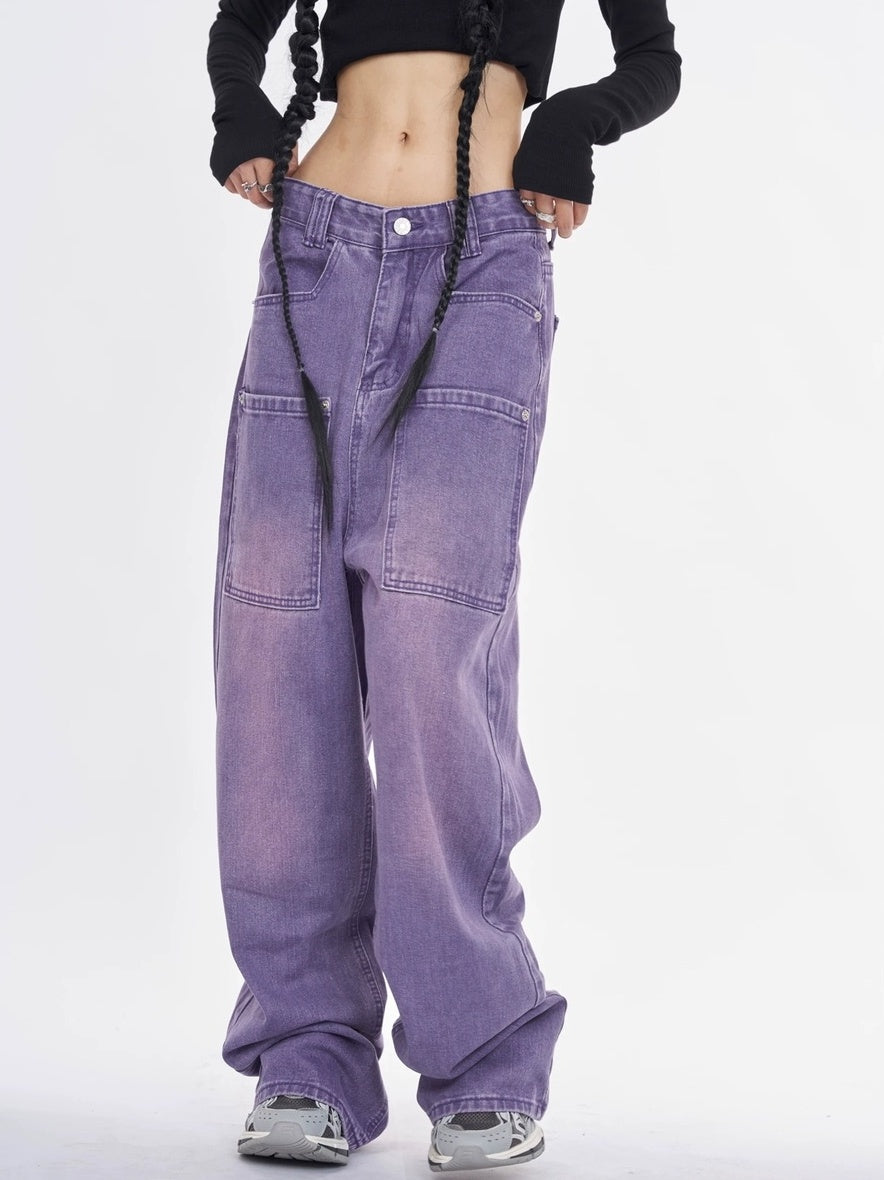 NANAICHILLI Trendy Washed Purple Low Rise Straight Leg Youth Denim Zipper Fly Jeans