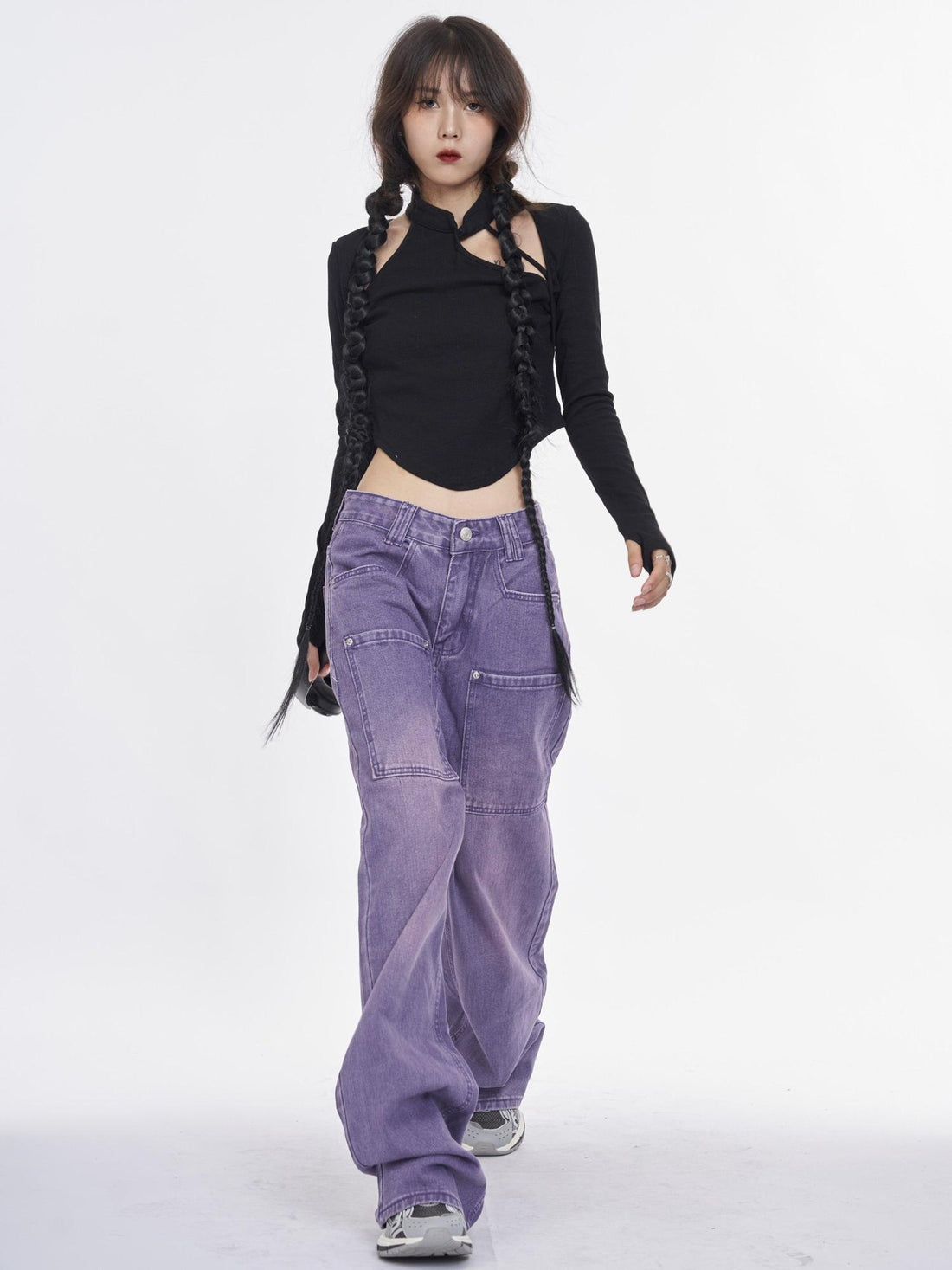 NANAICHILLI Trendy Washed Purple Low Rise Straight Leg Youth Denim Zipper Fly Jeans