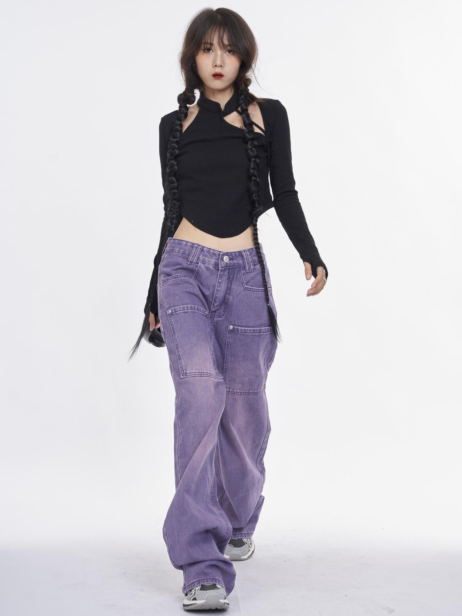 NANAICHILLI Trendy Washed Purple Low Rise Straight Leg Youth Denim Zipper Fly Jeans