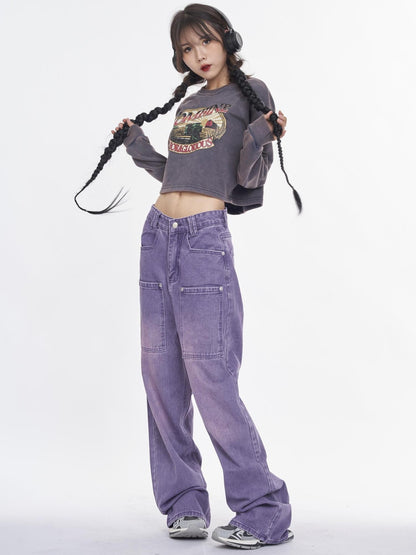 NANAICHILLI Trendy Washed Purple Low Rise Straight Leg Youth Denim Zipper Fly Jeans