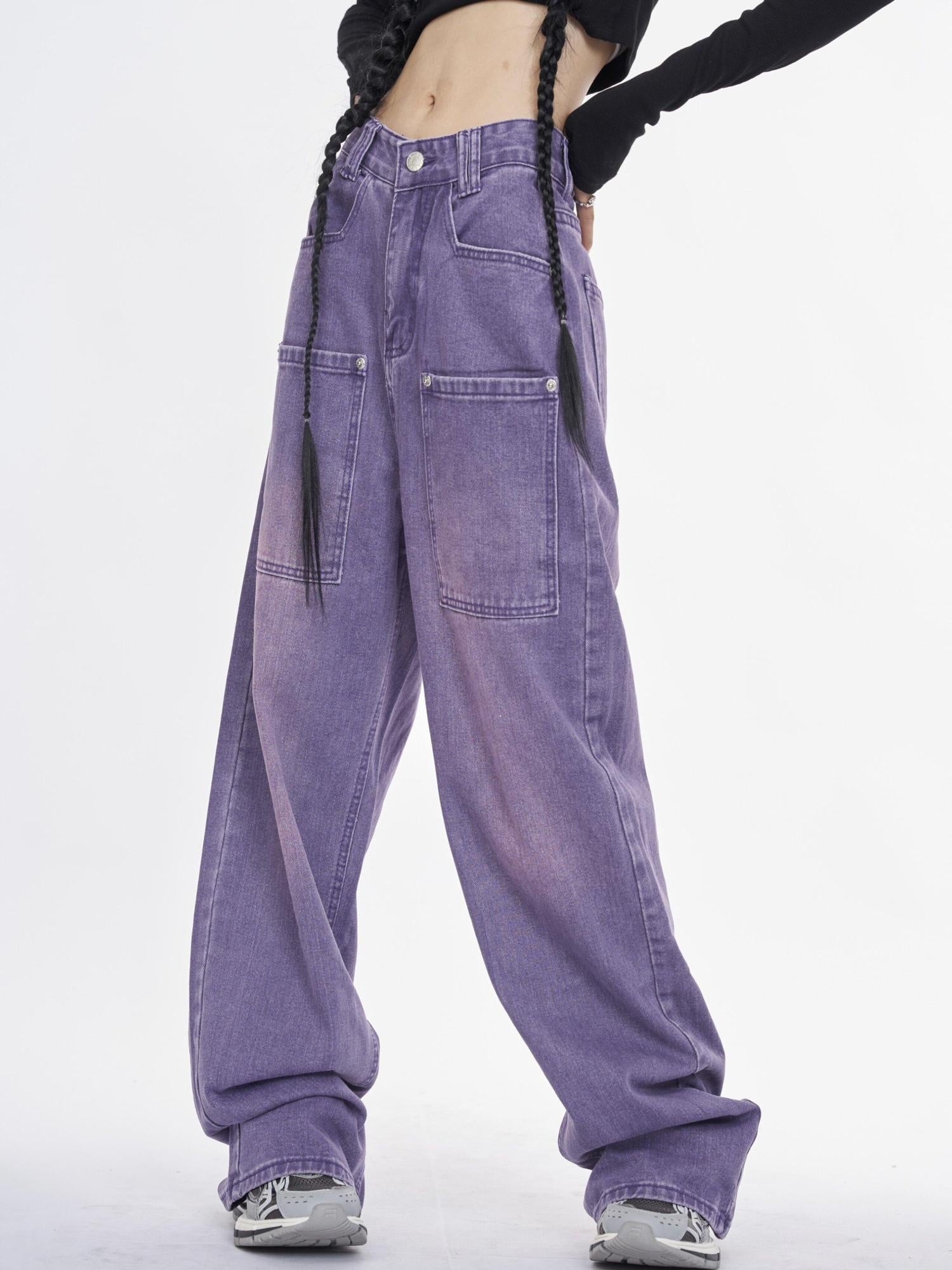 NANAICHILLI Trendy Washed Purple Low Rise Straight Leg Youth Denim Zipper Fly Jeans