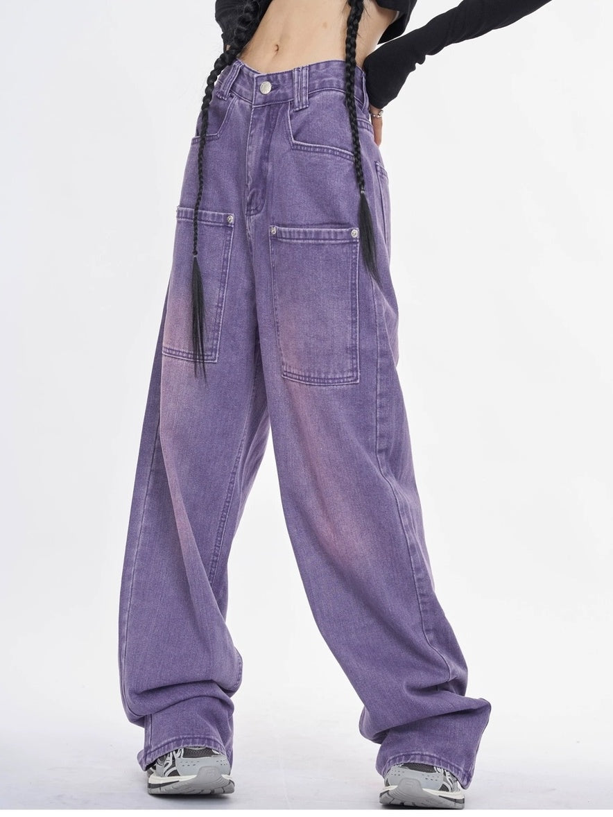 NANAICHILLI Trendy Washed Purple Low Rise Straight Leg Youth Denim Zipper Fly Jeans