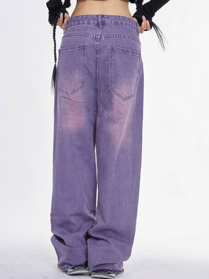 NANAICHILLI Trendy Washed Purple Low Rise Straight Leg Youth Denim Zipper Fly Jeans