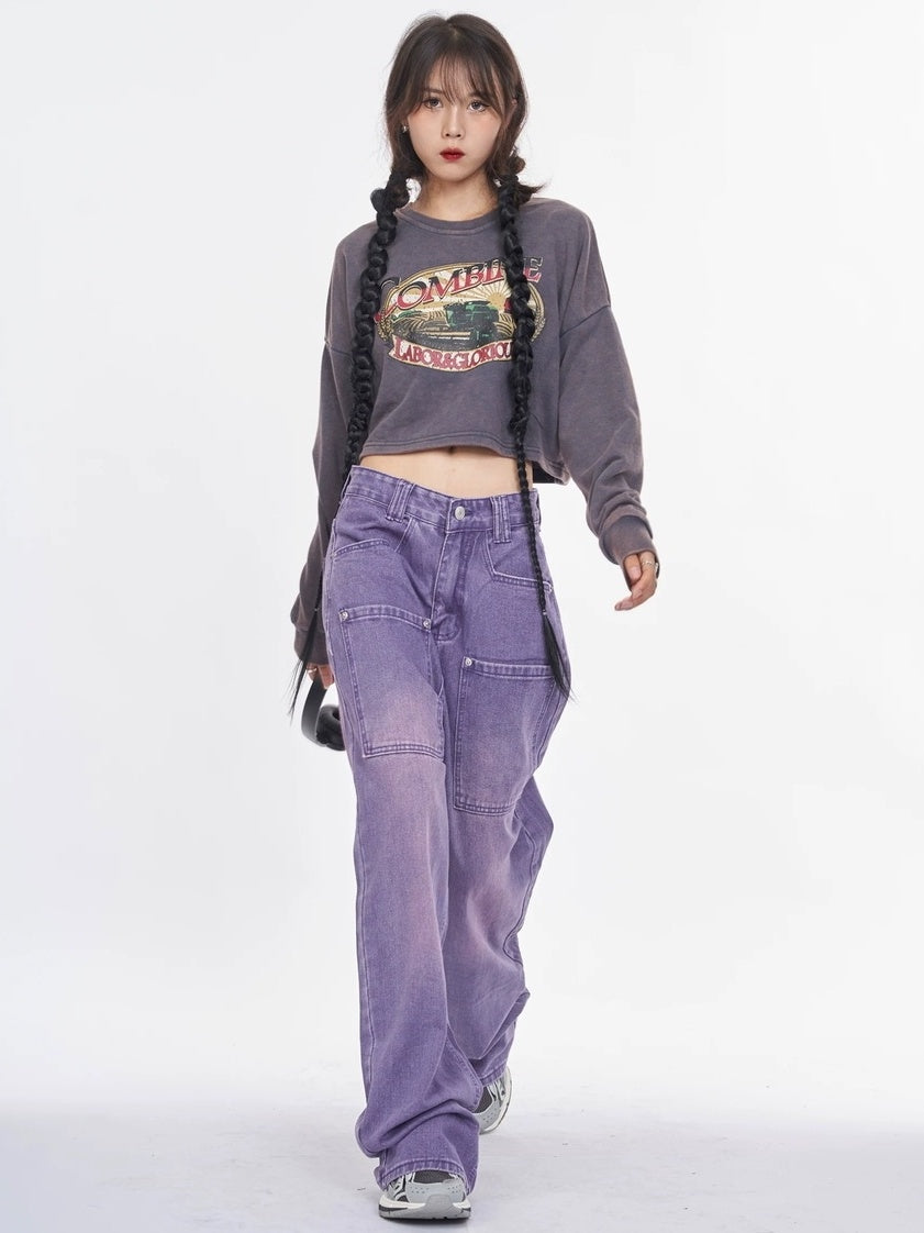 NANAICHILLI Trendy Washed Purple Low Rise Straight Leg Youth Denim Zipper Fly Jeans