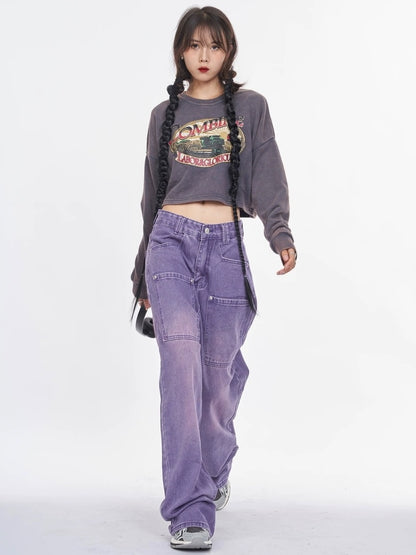 NANAICHILLI Trendy Washed Purple Low Rise Straight Leg Youth Denim Zipper Fly Jeans