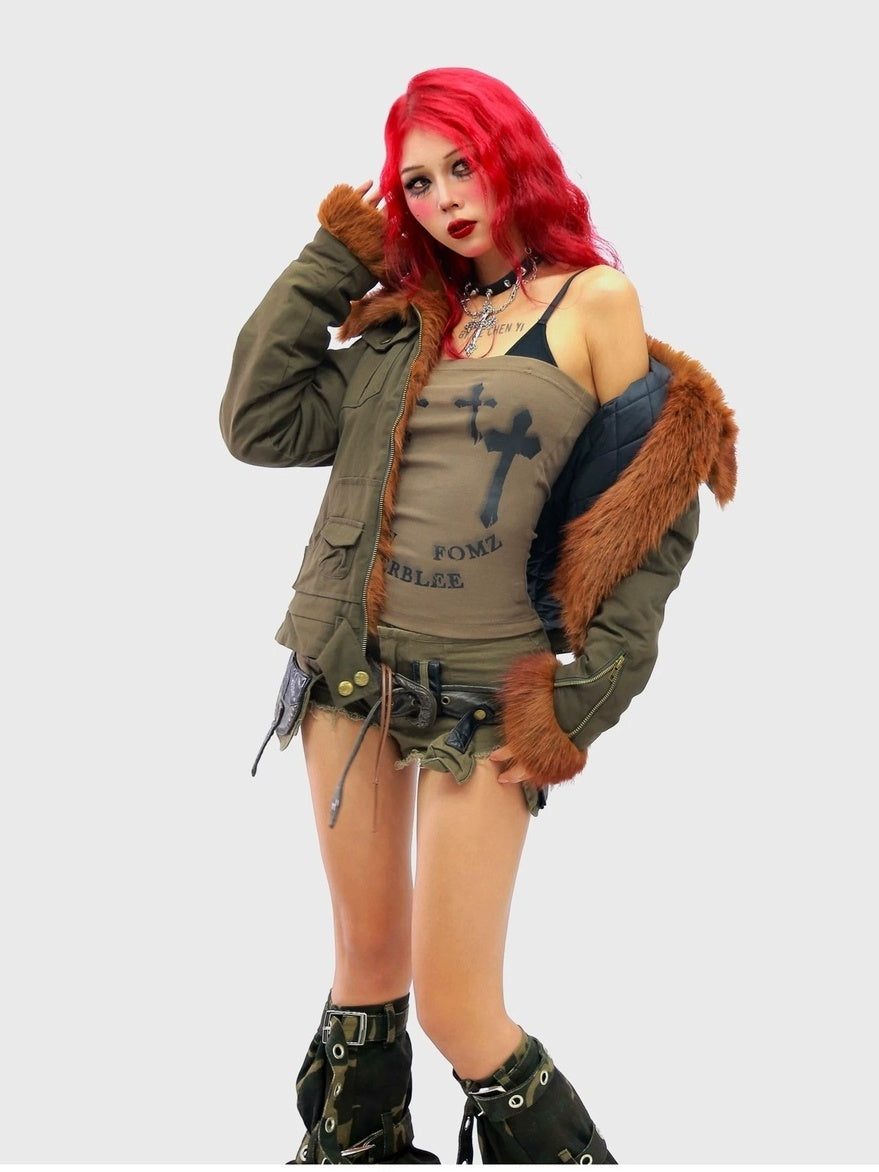 NANAICHILLI Warm Cotton Workwear Slim Fit Large Lapel Unisex Brown Green Puffer Jacket