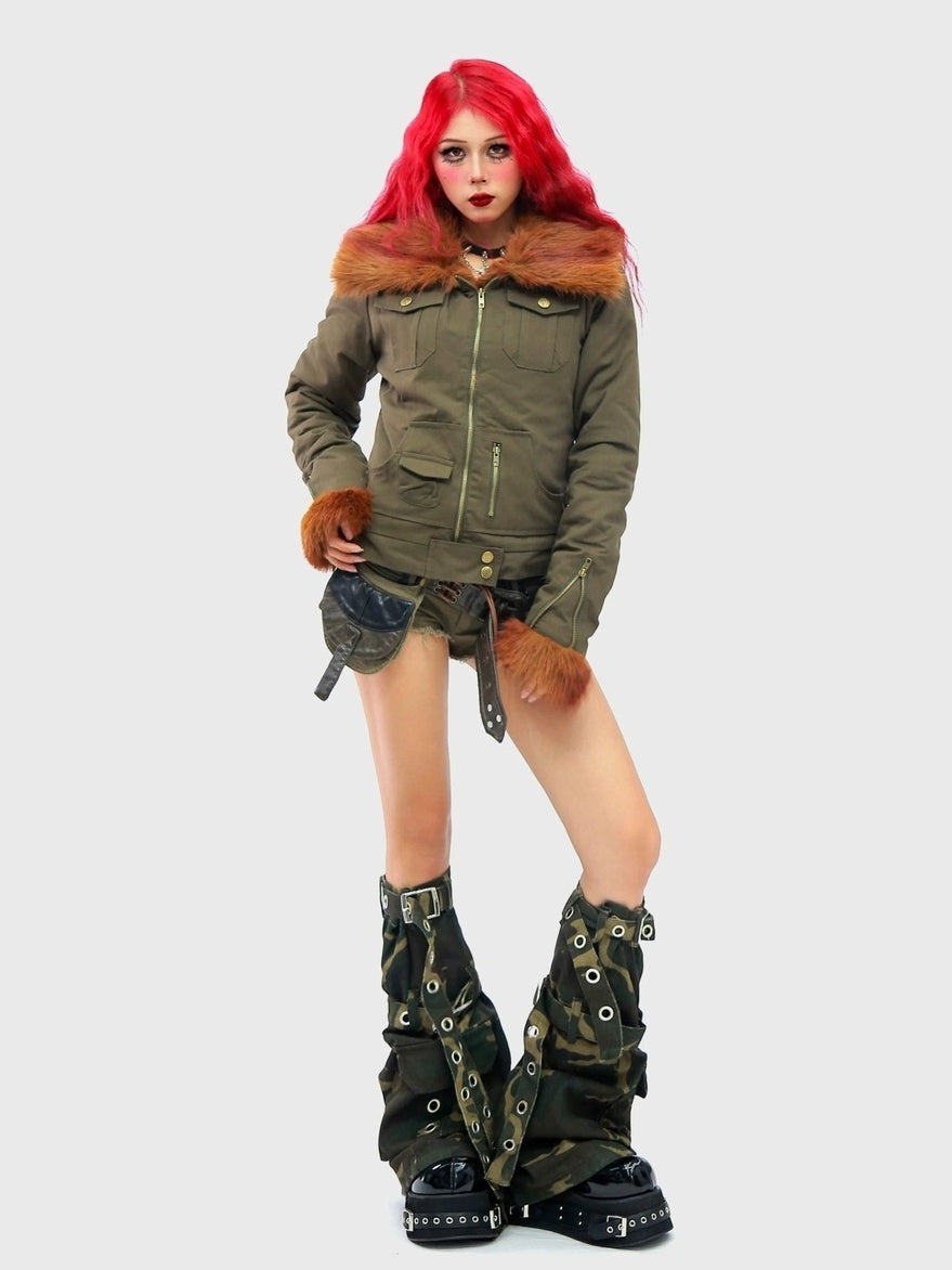 NANAICHILLI Warm Cotton Workwear Slim Fit Large Lapel Unisex Brown Green Puffer Jacket