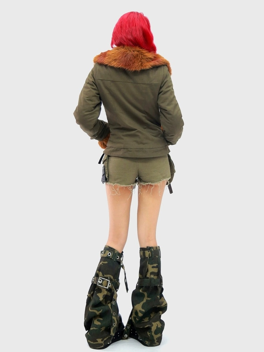 NANAICHILLI Warm Cotton Workwear Slim Fit Large Lapel Unisex Brown Green Puffer Jacket