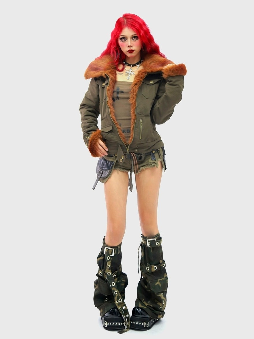 NANAICHILLI Warm Cotton Workwear Slim Fit Large Lapel Unisex Brown Green Puffer Jacket