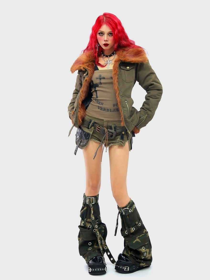 NANAICHILLI Warm Cotton Workwear Slim Fit Large Lapel Unisex Brown Green Puffer Jacket