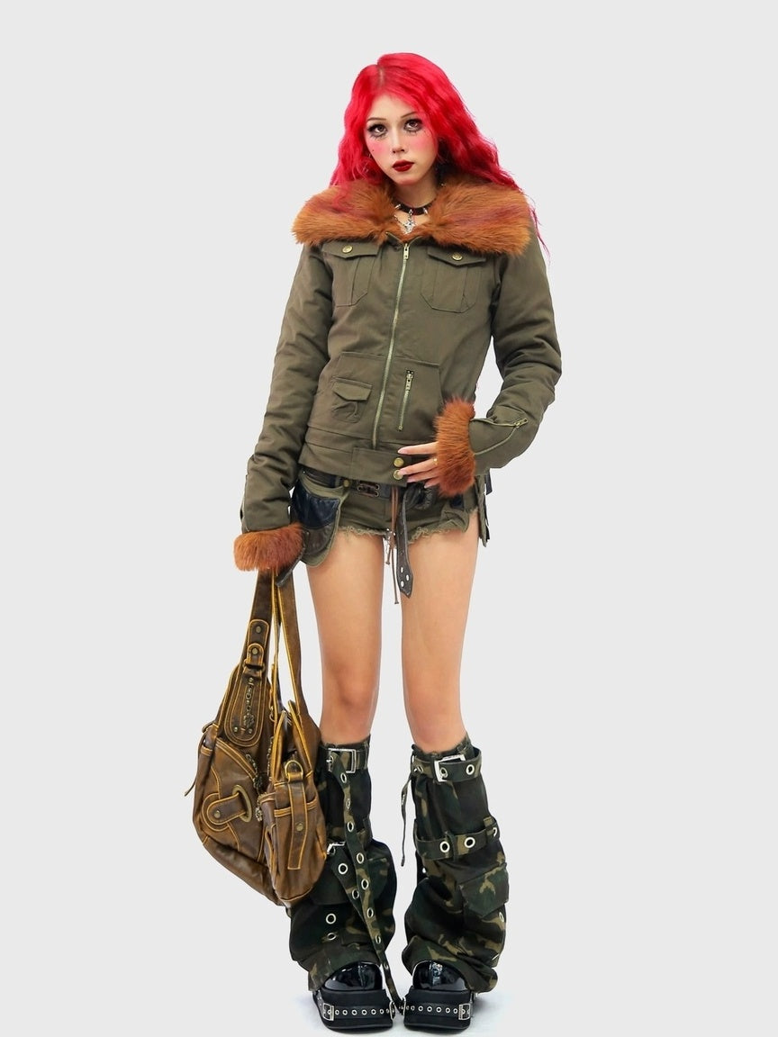 NANAICHILLI Warm Cotton Workwear Slim Fit Large Lapel Unisex Brown Green Puffer Jacket