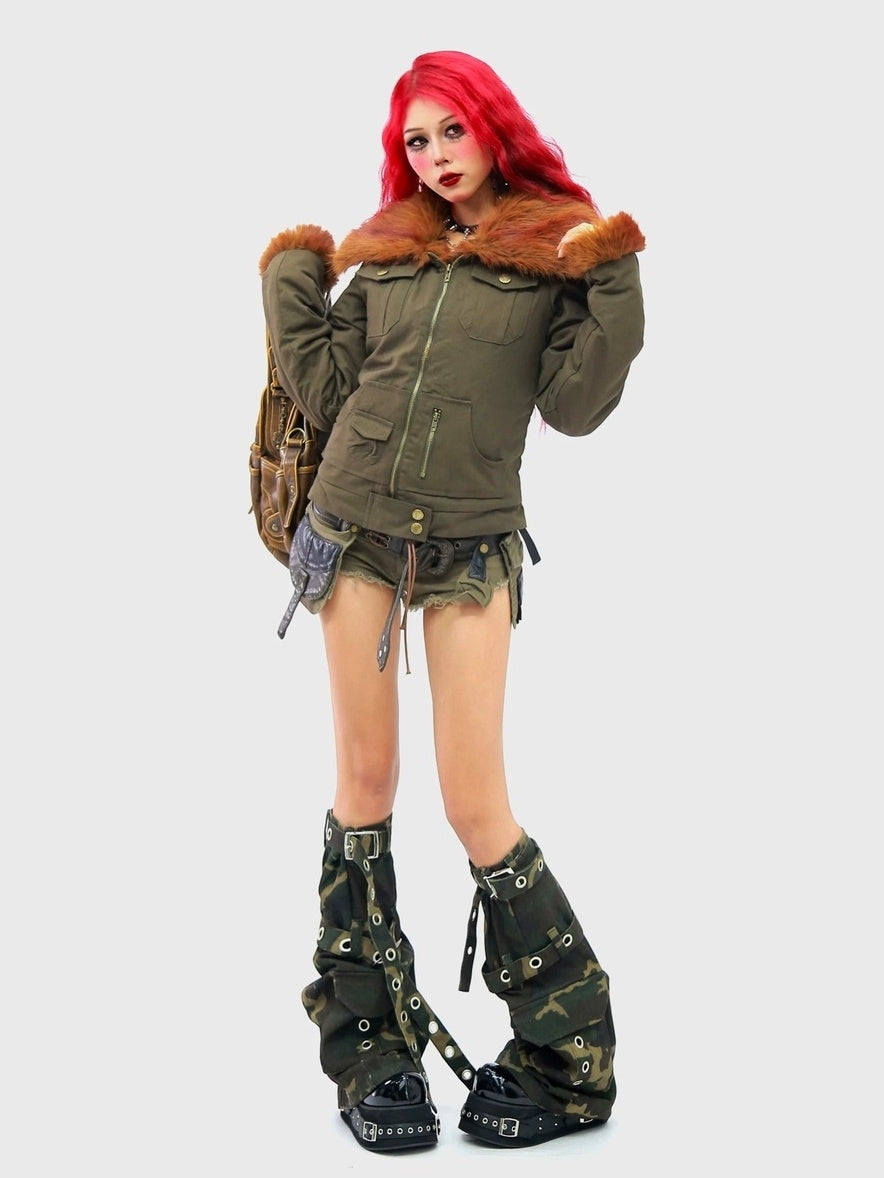 NANAICHILLI Warm Cotton Workwear Slim Fit Large Lapel Unisex Brown Green Puffer Jacket