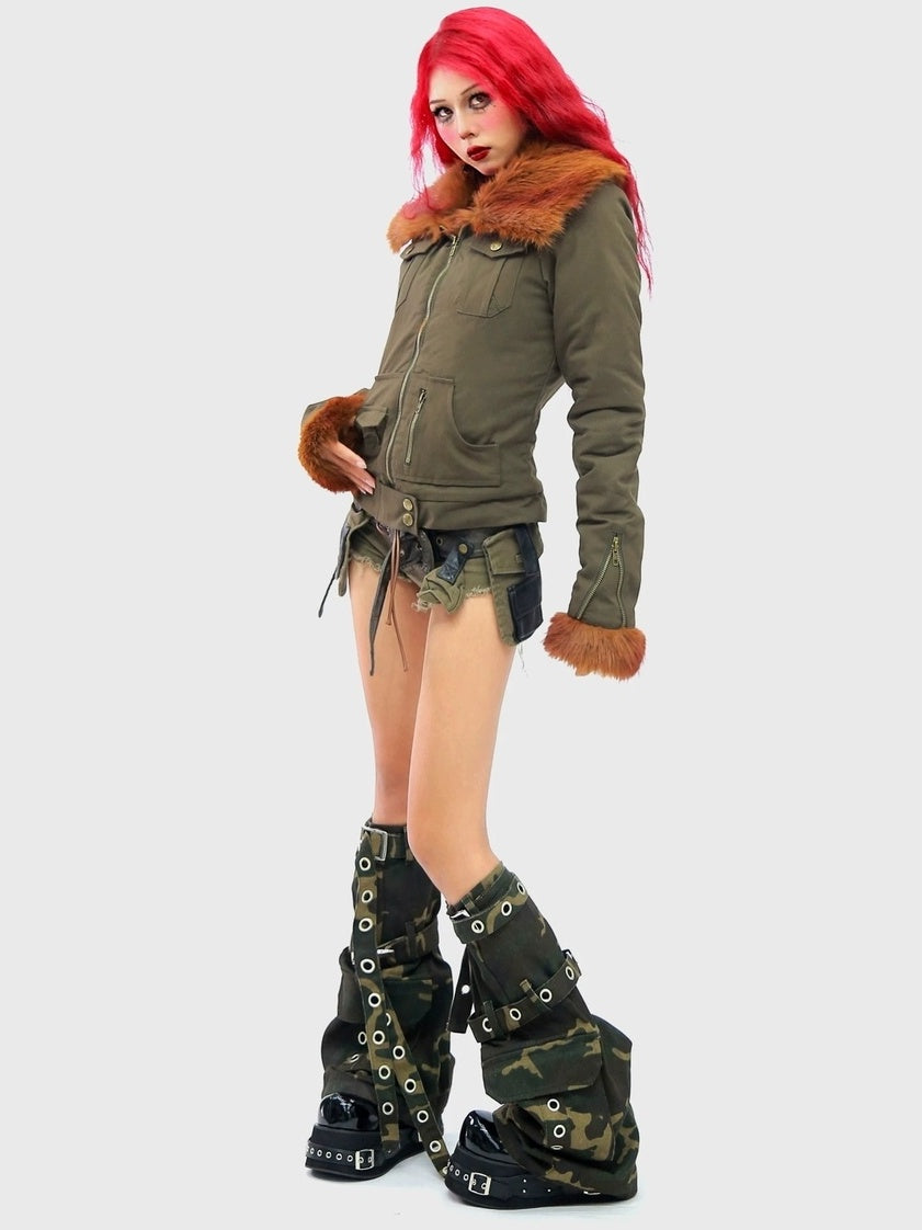 NANAICHILLI Warm Cotton Workwear Slim Fit Large Lapel Unisex Brown Green Puffer Jacket