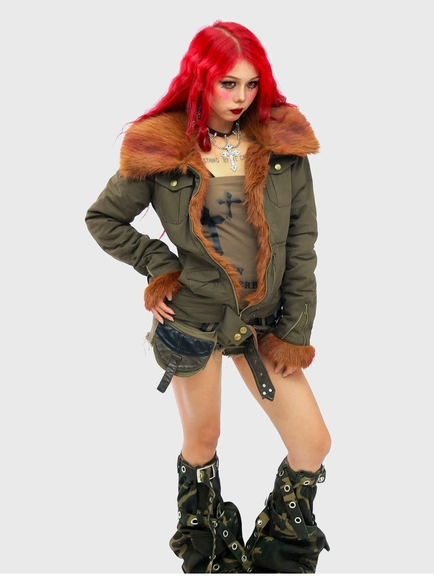 NANAICHILLI Warm Cotton Workwear Slim Fit Large Lapel Unisex Brown Green Puffer Jacket