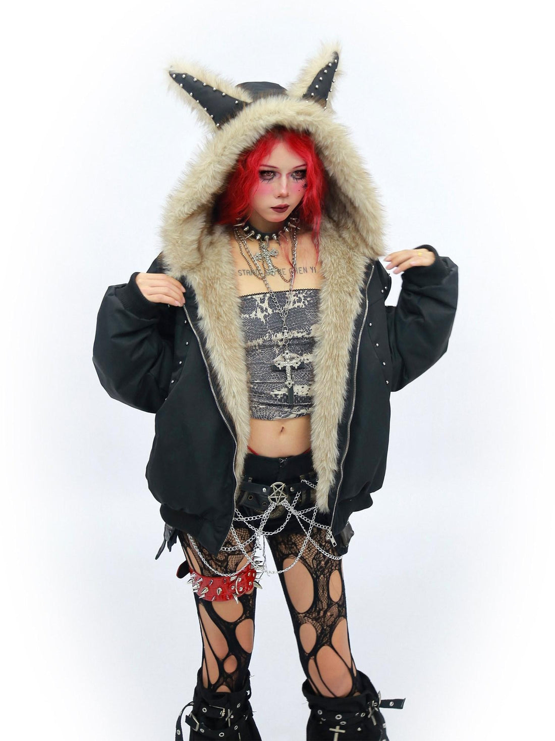 NANAICHILLI Warm Street Loose Fit Hooded Zipper Solid Black Gray Puffer Jacket