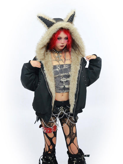 NANAICHILLI Warm Street Loose Fit Hooded Zipper Solid Black Gray Puffer Jacket