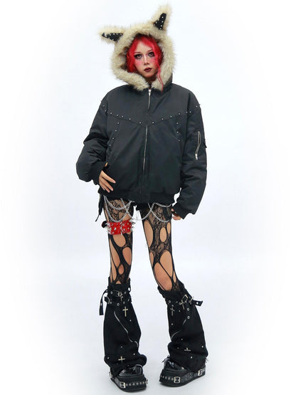 NANAICHILLI Warm Street Loose Fit Hooded Zipper Solid Black Gray Puffer Jacket