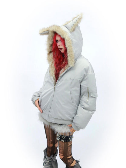 NANAICHILLI Warm Street Loose Fit Hooded Zipper Solid Black Gray Puffer Jacket