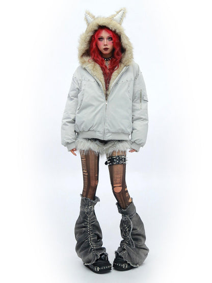 NANAICHILLI Warm Street Loose Fit Hooded Zipper Solid Black Gray Puffer Jacket